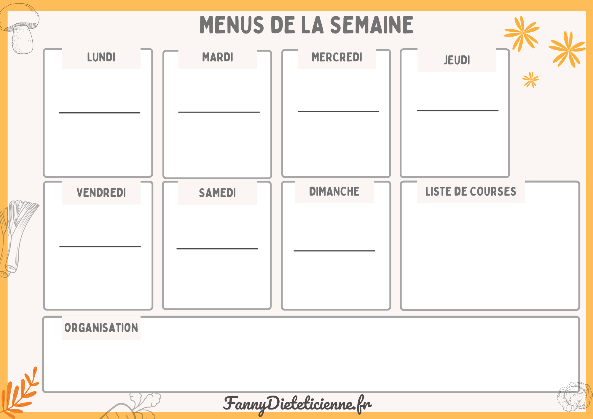 Menu de la semaine vierge à imprimer avec liste de courses